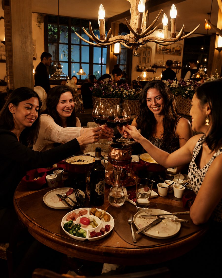 Amigas brindando com vinho ao redor da mesa de fondue no Chalezinho Itaim